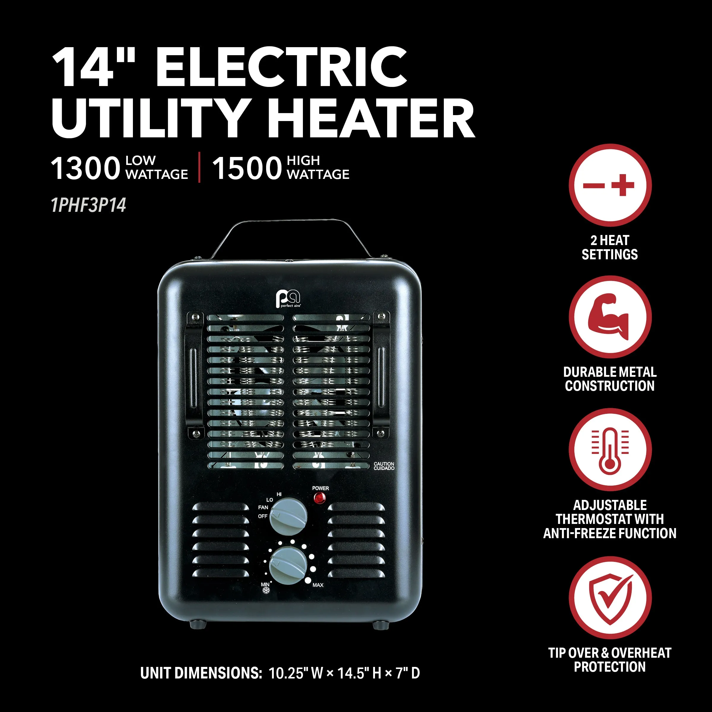 1500/1300W 14" Heavy-Duty Milkhouse Utility Heater with Fan-Only Mode and Anti-Freeze Function, Black