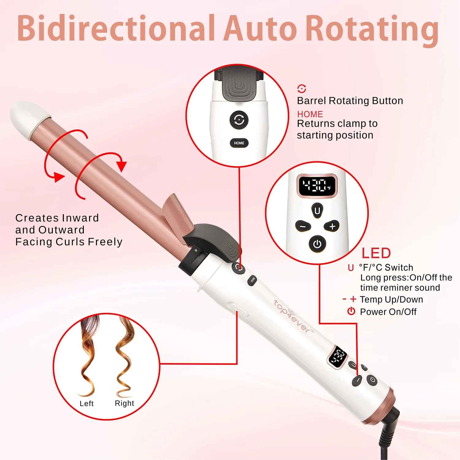 3 in 1 Auto Rotating Curling Iron - TOP4EVER Automatic Hair Curler with Interchangeable Curling Wand (0.75", 1", 1.25"), Adjustable Temp 325°F-430°F, Instant Heat Hair Styling Tools for All Hair Types