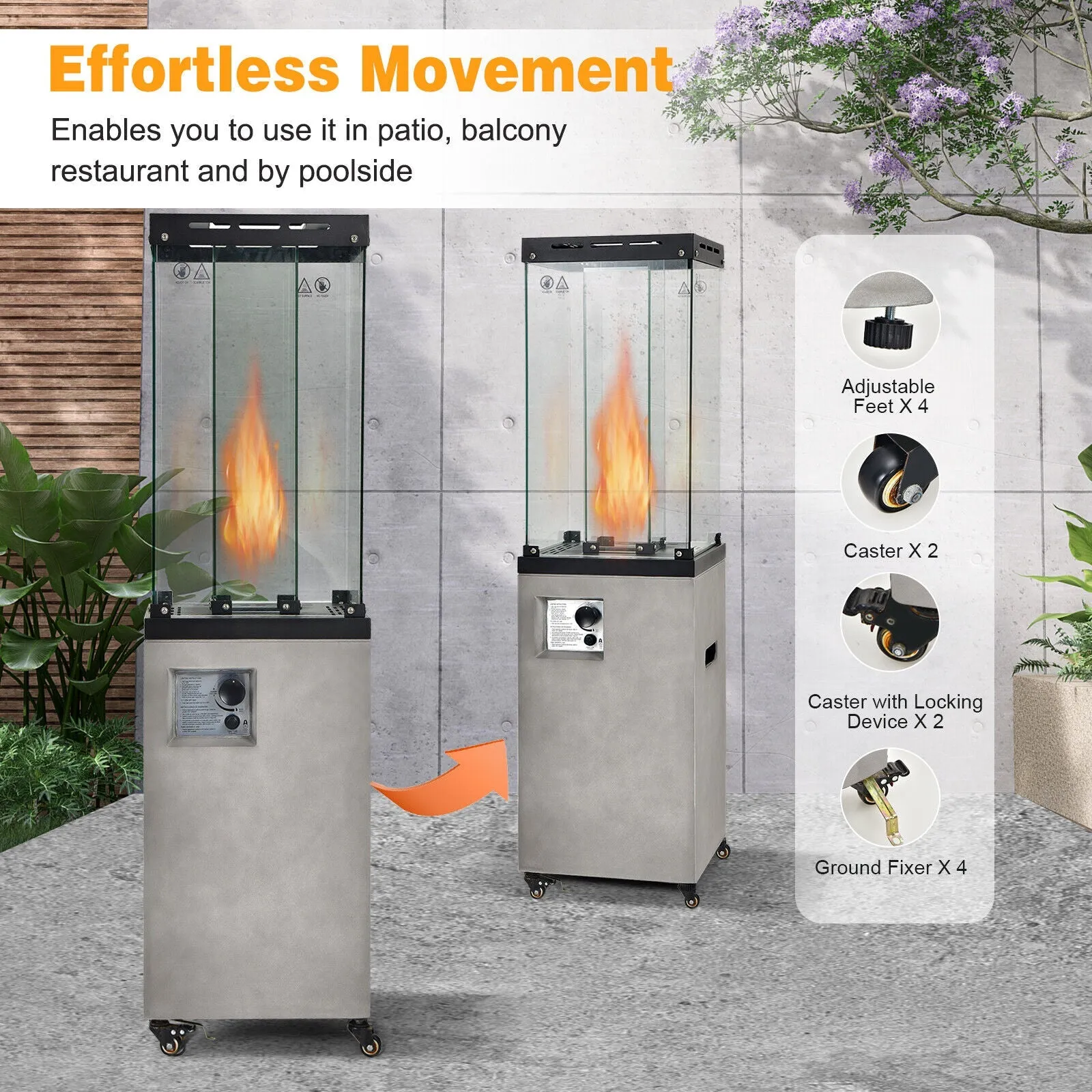 41,000 BTU Propane Patio Heater Outdoor Heater with Lockable Wheels-Grey