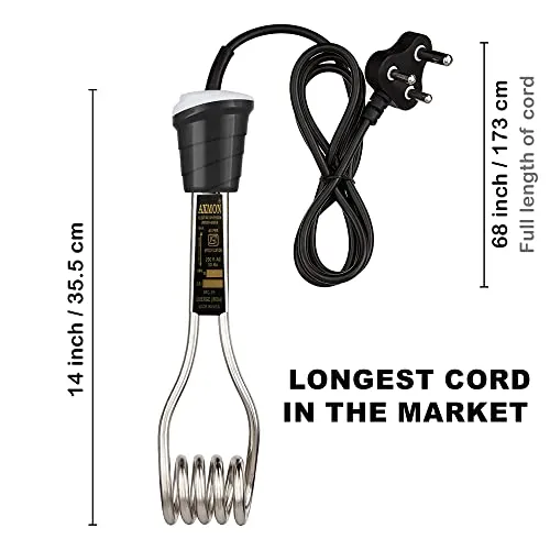 Axmon® Immersion Rod Water Heater - 1500 Watt Portable [Waterproof] [Shock Proof] Electric Immersion Rod with Stainless Steel Body & Copper Heating Element Hot Water Heater (colour may vary)