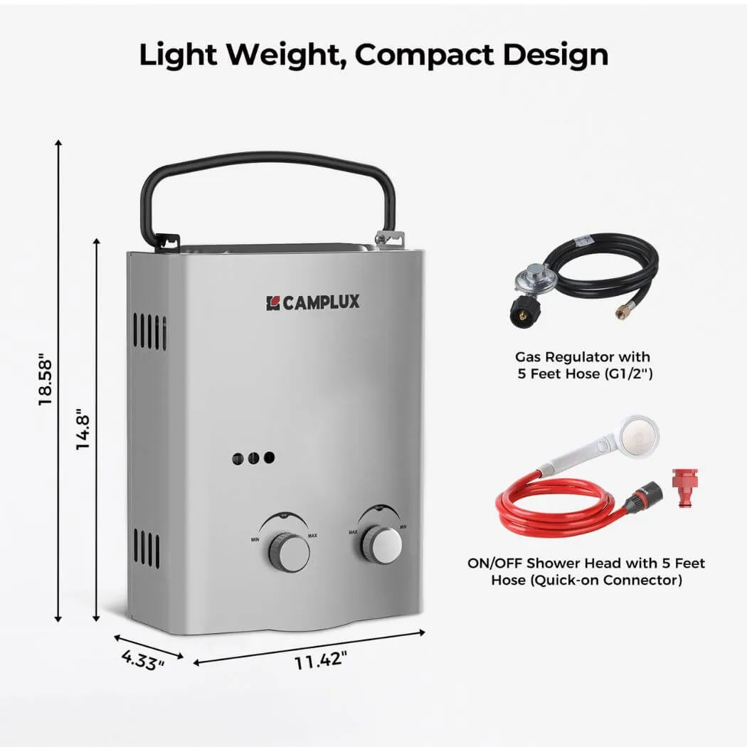 Camplux 5L 1.32 GPM Outdoor Portable Propane Tankless Water Heater - Silver