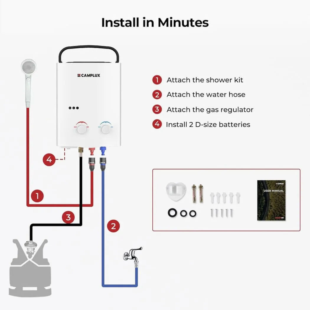 Camplux 5L 1.32 GPM Outdoor Portable Propane Tankless Water Heater - White