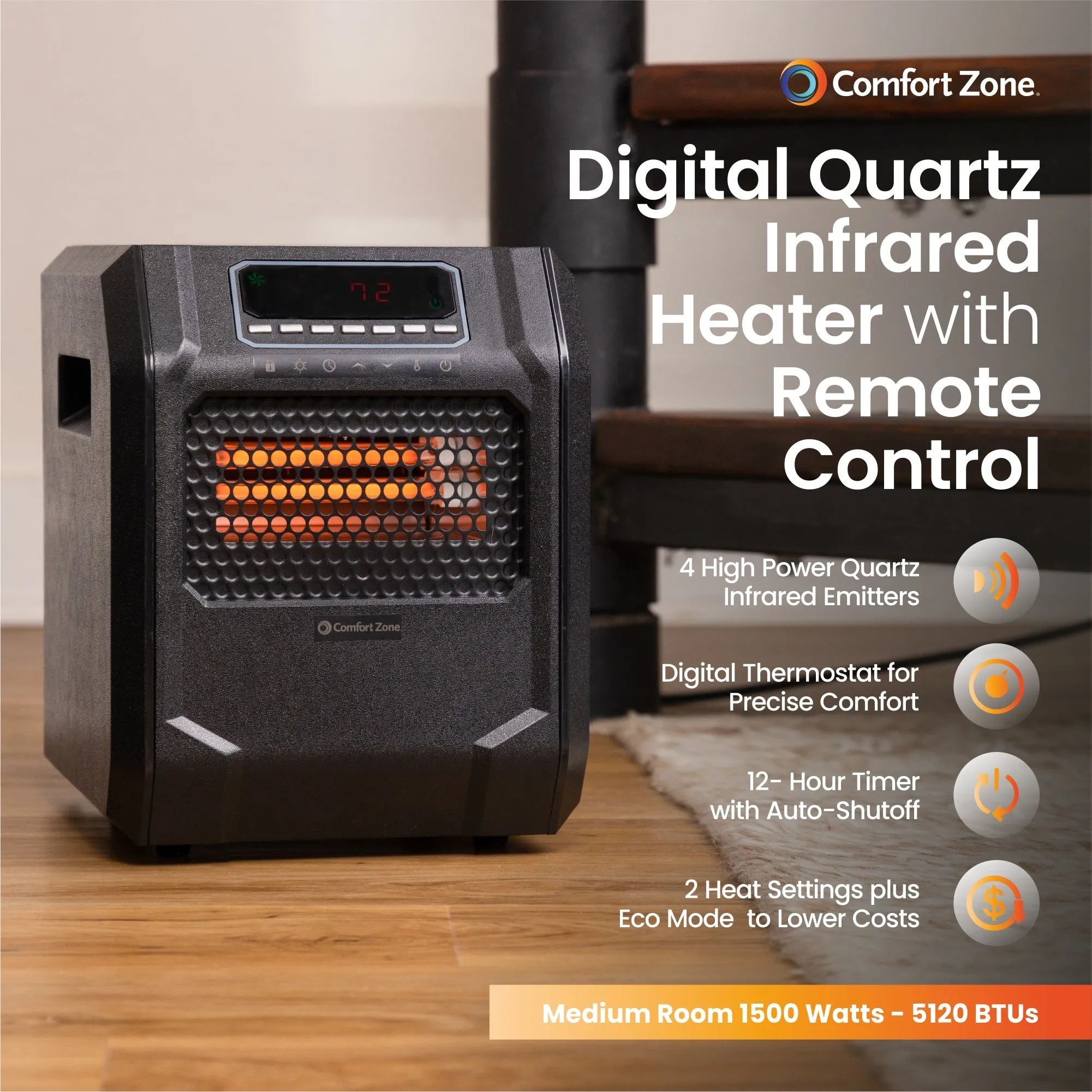 Comfort Zone Electric Digital Quartz Infrared Cabinet Space Heater with Remote Control in Black