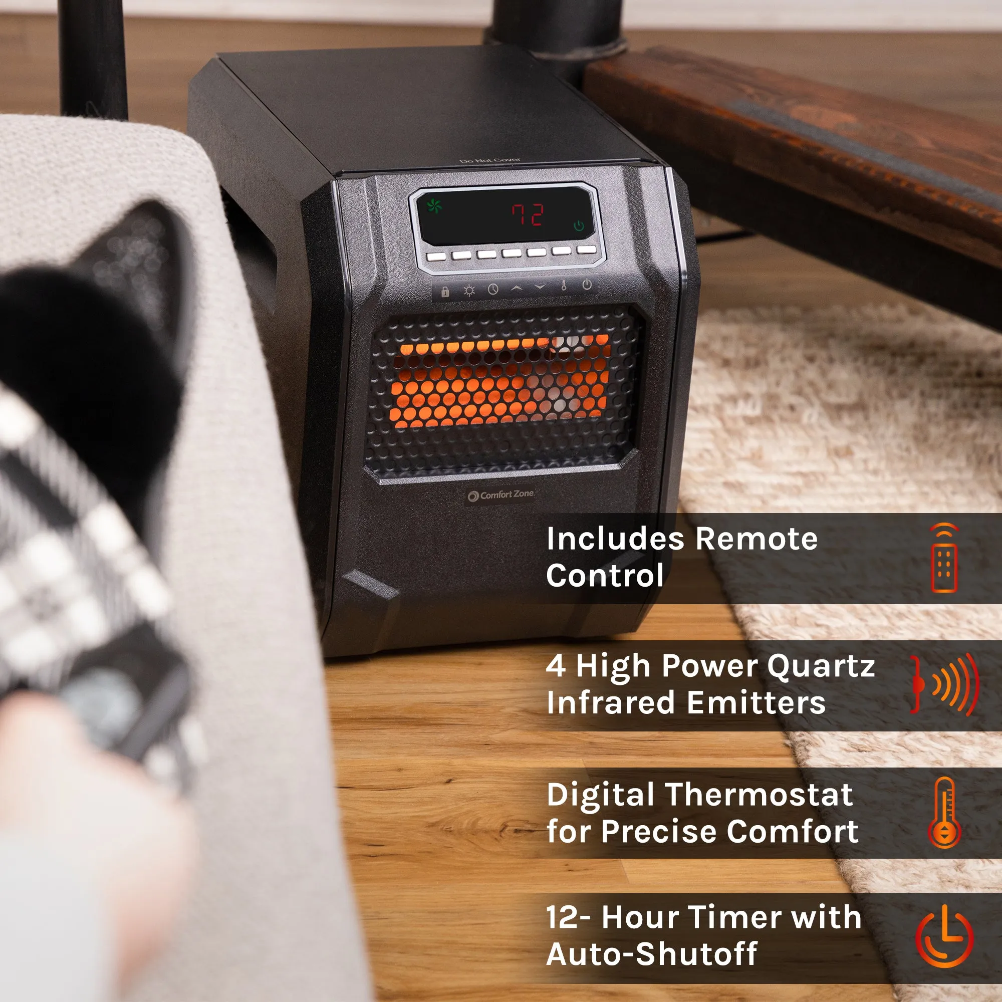 Comfort Zone Electric Digital Quartz Infrared Cabinet Space Heater with Remote Control in Black