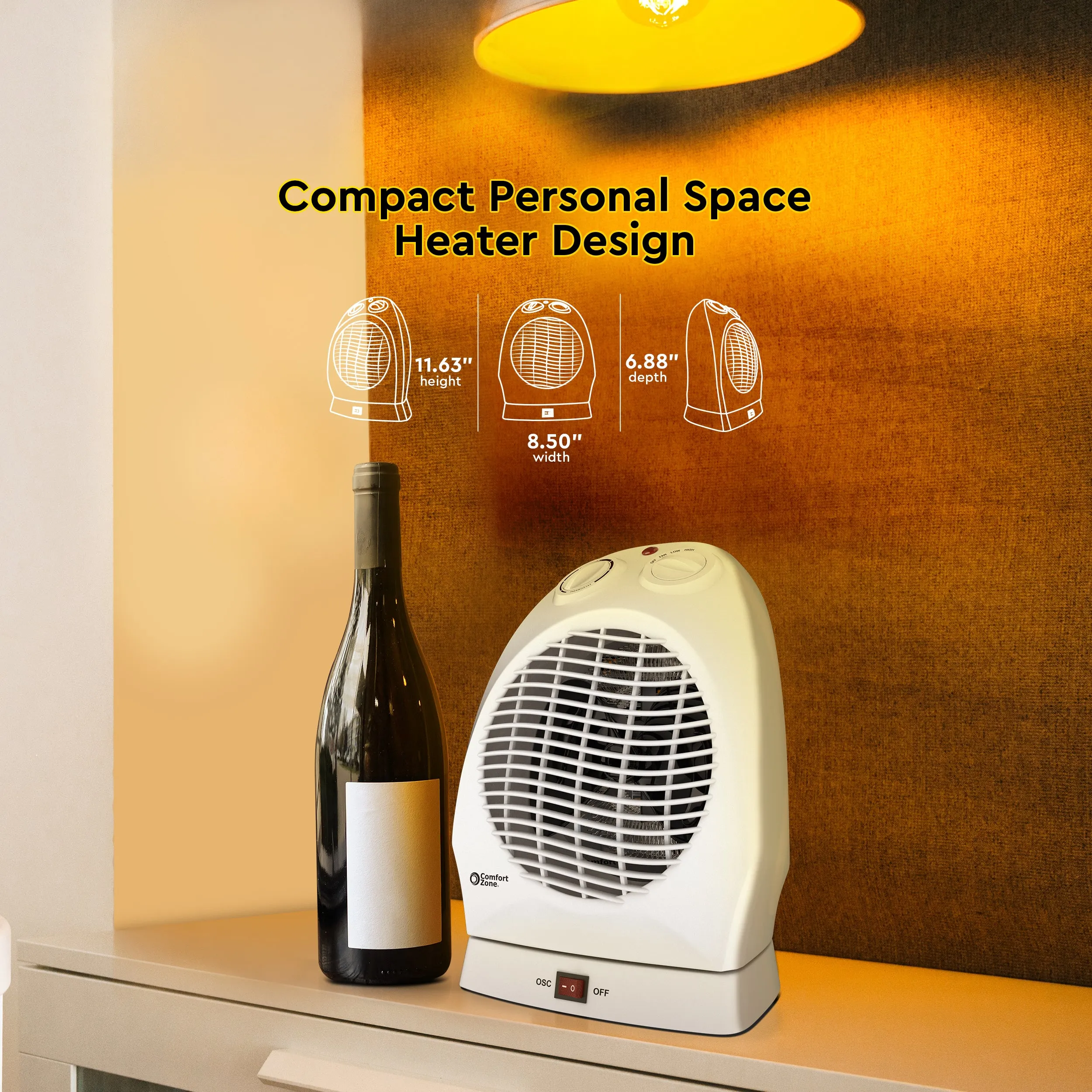 Comfort Zone Oscillating Electric Portable Heater with Thermostat in White & Black