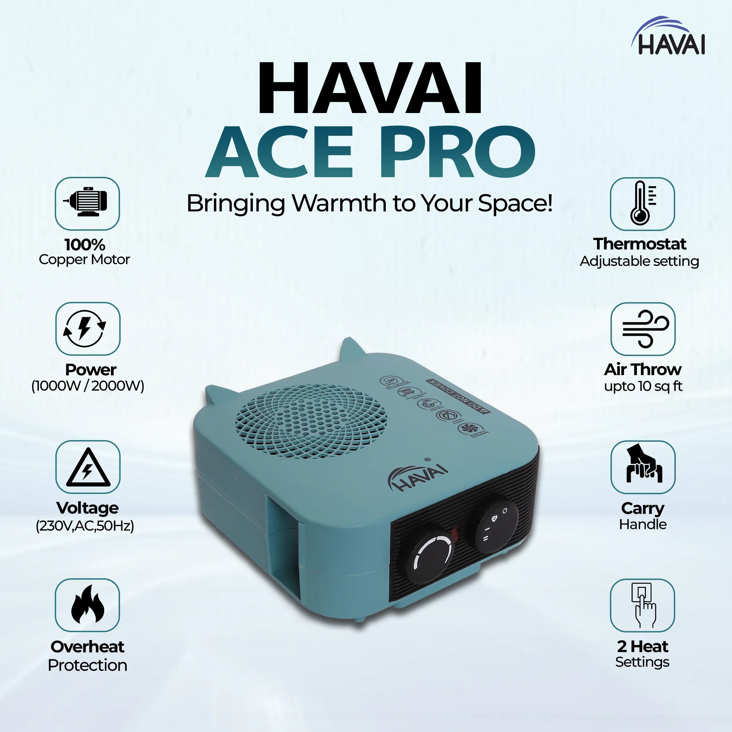 HAVAI Ace Pro Fan Heater 2000/1000 Watts Room Heater with Handle (ISI Certified) Green