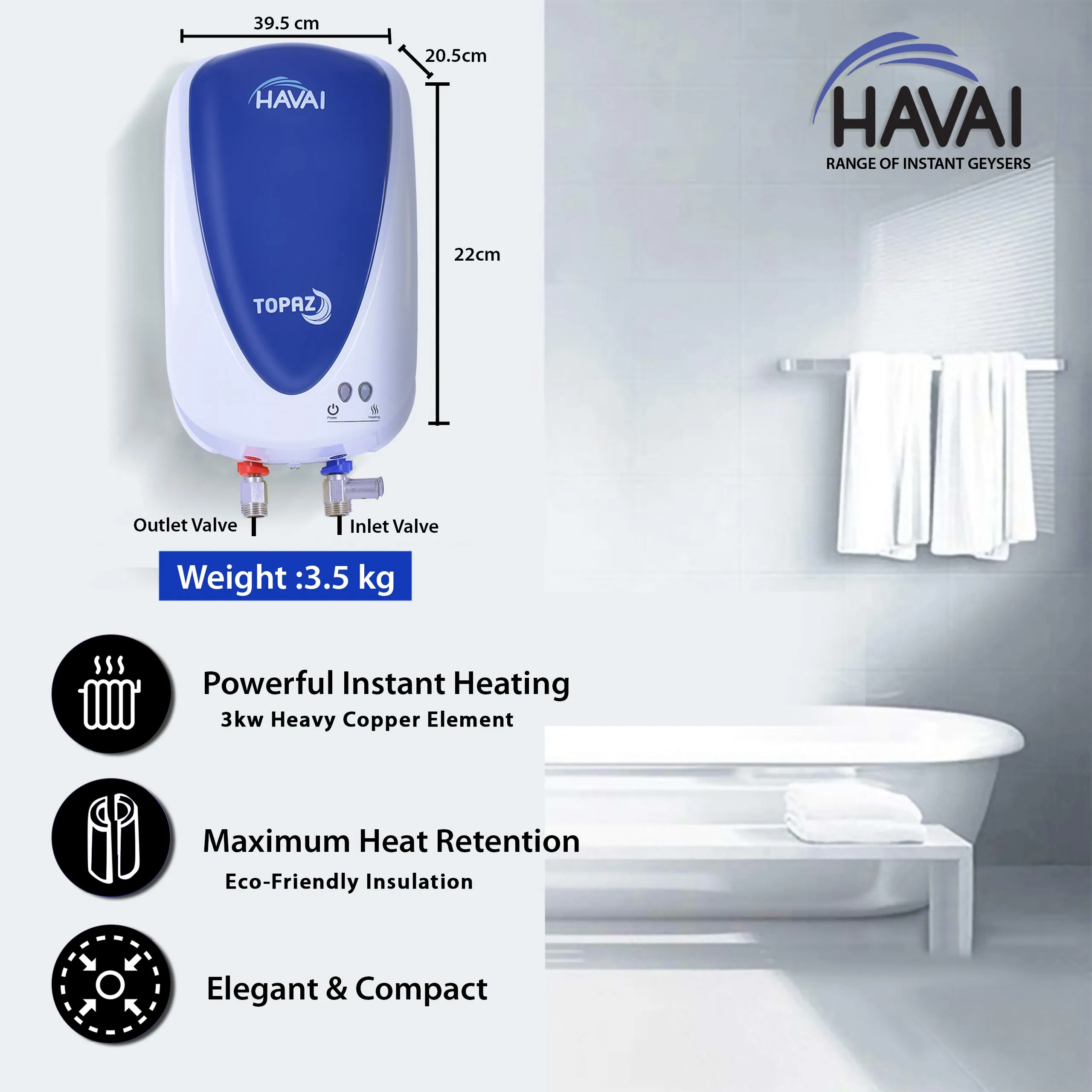 HAVAI Topaz 3 Litre Instant Water Heater / Geyser