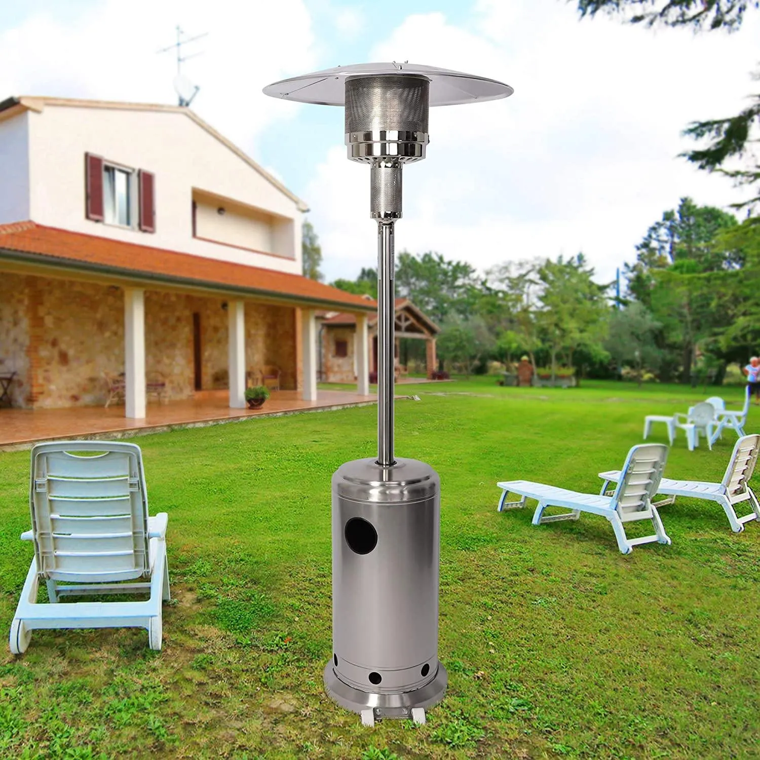 Outdoor Patio Heater Standing Gas LP Propane Heater with Wheels 87 Inches Tall 36000 BTU for Commercial Courtyard (Silver)