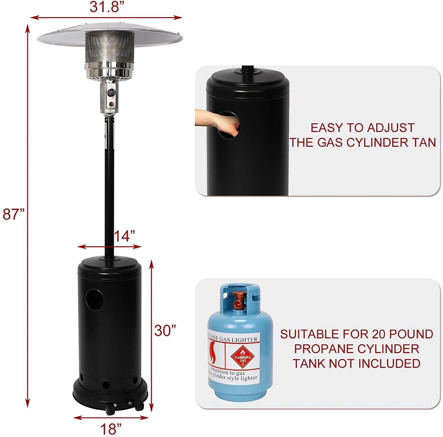 Outdoor Propane Heater Portable Patio Heater With Wheels 87 Inches Tall 36000 BTU for  Commercial Courtyard (Black)